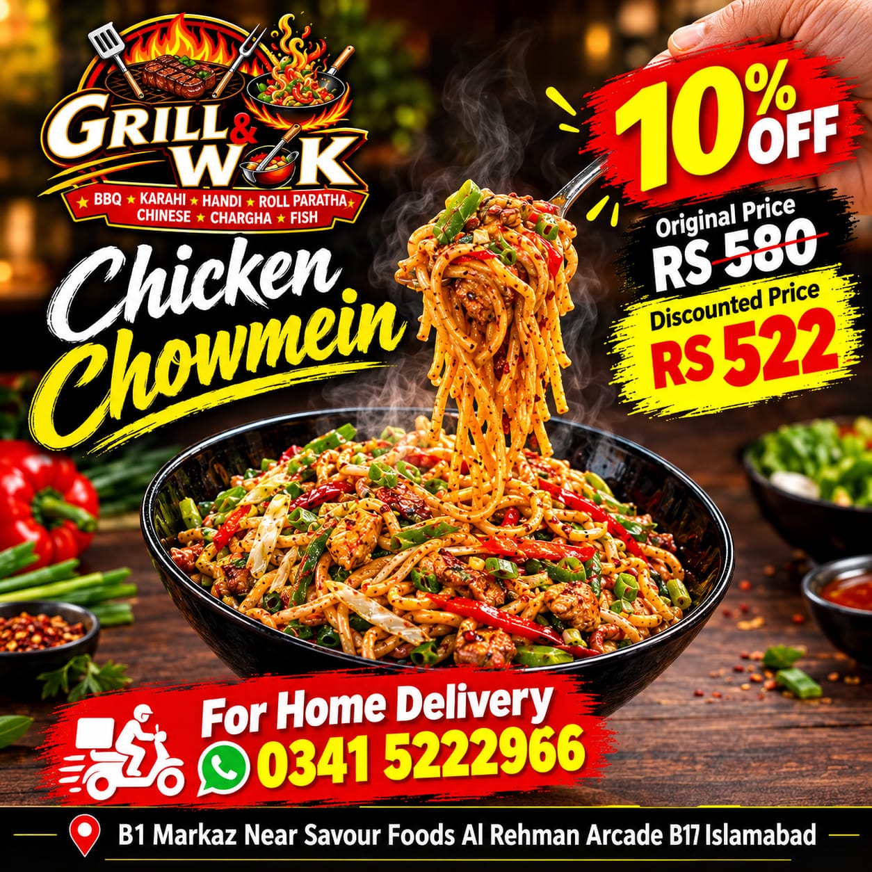 Chicken chowmein  — available at Grill & Wok, B-17 Islamabad